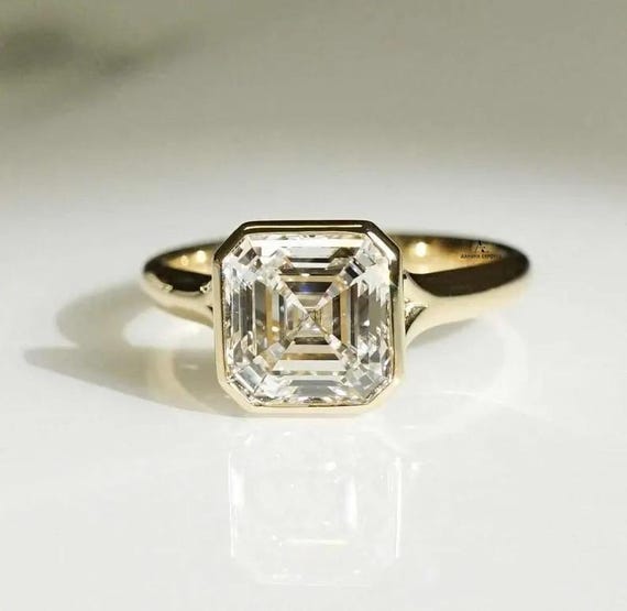 IGI Certified 3 Carat Asscher Cut Lab Grown Diamond Solitaire Engagement Ring, Delicate Bezel Set Wedding Ring, Solid Gold Anniversary Gift