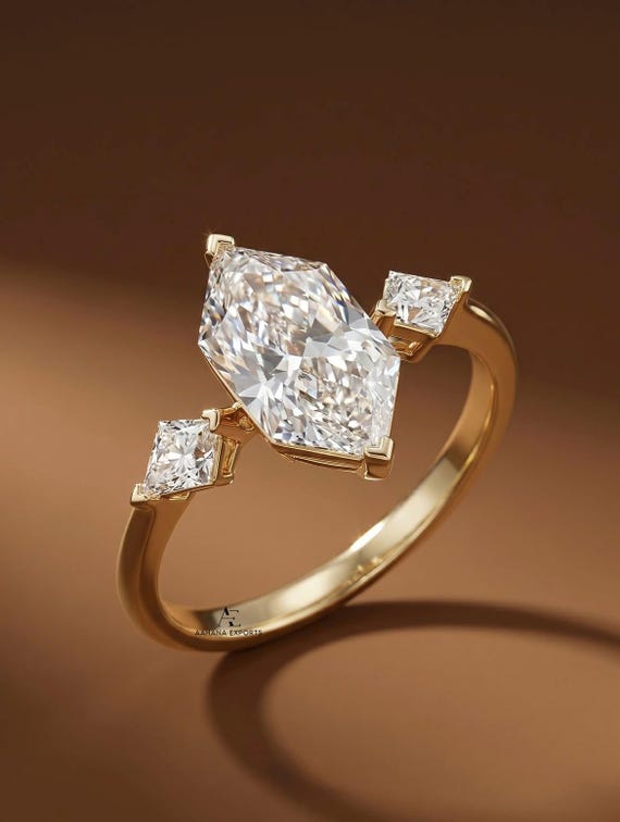 1 Carat Dutch Marquise Lab-Grown Diamond Engagement Ring: Kite Side Stones, 10K Gold Deco Bridal Ring, Three Stone Ring, Unique Bridal Ring.