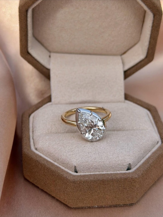4.00 CT Pear Cut Bezel Set Diamond Ring | Curved Band Gold Engagement Ring | Minimalist 4 CT Teardrop Solitaire Ring for Her Minimalist Ring