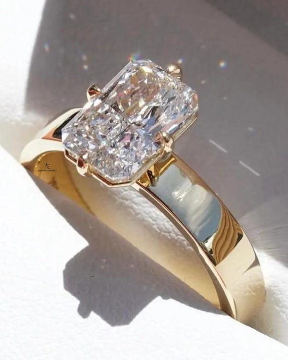 2 Carat Radiant Cut Lab Diamond Wide Band Ring – 14K Gold Engagement Bridal Solitaire Wide Cigar Band Wedding Ring Statement Ring For Women.