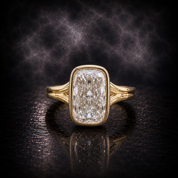 3 Carat Elongated Cushion, Crushed Ice Diamond, Full Bezel Set, Split shank Ring, 14Kt Yellow Gold Double Band Ring, Dream Engagement Ring.