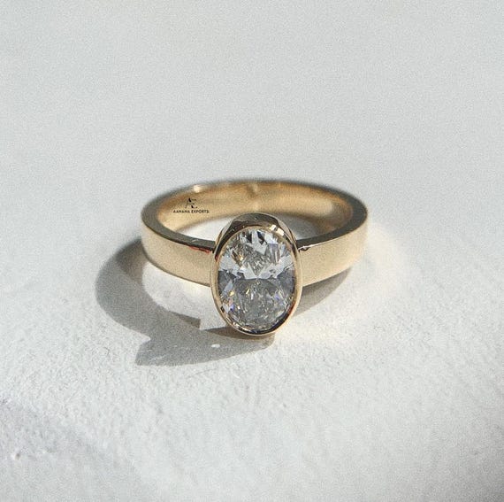 Unique Signet Style Engagement Ring, Oval Solitaire, Set 10K/14K/18K Gold Band 2CT Oval Diamond Solitaire Lab-Grown Diamond Thick Band Ring.