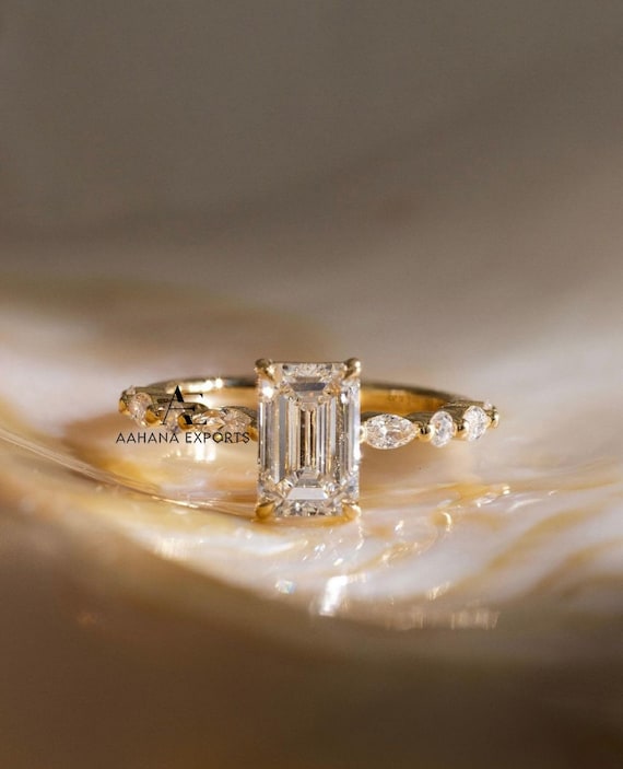 2 CT Emerald Cut Lab Grown Diamond Engagement Ring with Marquise and Round Side Stones, Perfect for Engagements, Anniversary And Wedding