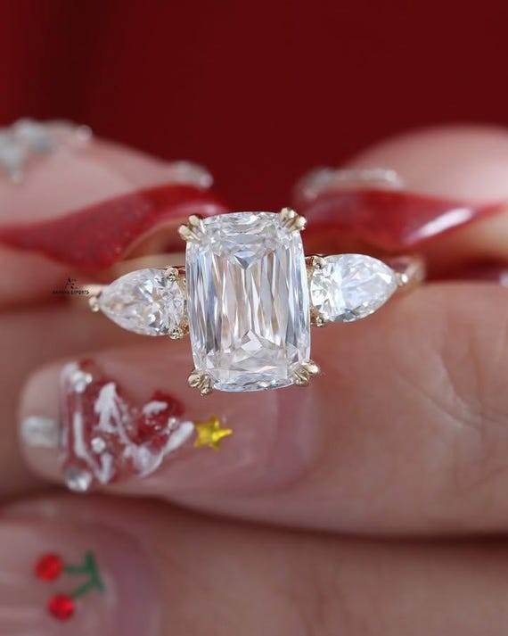 3 CT IGI Certified Cushion Criss Cut Lab Grown Engagement Diamond Ring Three Stone Ring Wedding Ring 14k Gold bridal Ring