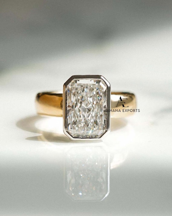 4 Carat Radiant Yellow Gold Wide Band Engagement Ring 3.5MM Cigar Band Wedding Ring Full Bezel Set Lab Diamond Ring Wide band Ring For Her.