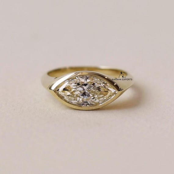 Classic 1.00 CT Marquise Cut Lab-Grown Signet Ring Engagement Ring 14k Solid Yellow Gold Ring East-West Bezel Setting Signet Ring For Gift.