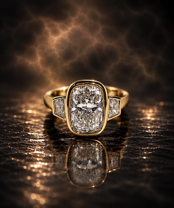 3 Carat Elongated Cushion E VS1 Lab Grown Diamond Bezel Set Ring / Engagement Ring / Elongated Diamond Art Deco Design / Three Stone Ring.