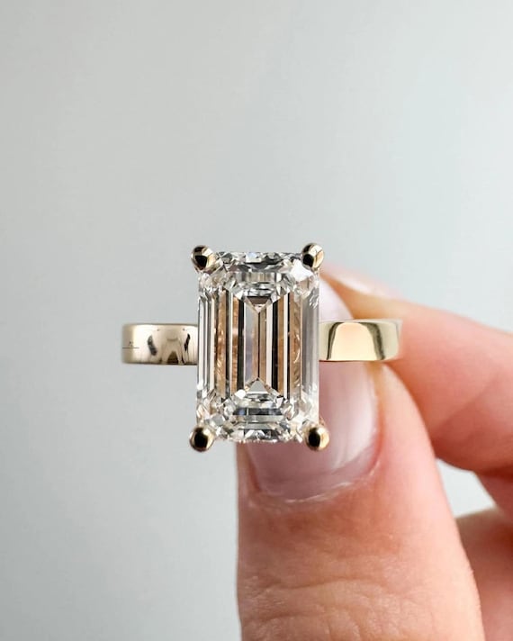 4.00 CT Elongated Emerald Cut Lab-Grown Solitaire,14k Solid Yellow Gold, Engagement Ring,Gorgeous 4 Prongs,3.0 MM Cathedral Band, In Fashion