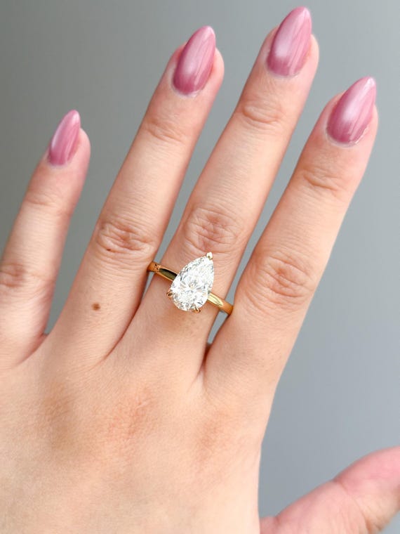 Antique Lotus Tulip Setting Lab-Grown Diamond 3ct Pear Cut Engagement Ring, Hidden Halo Flower Basket Cathedral Set Ring 14k Plain Gold Band
