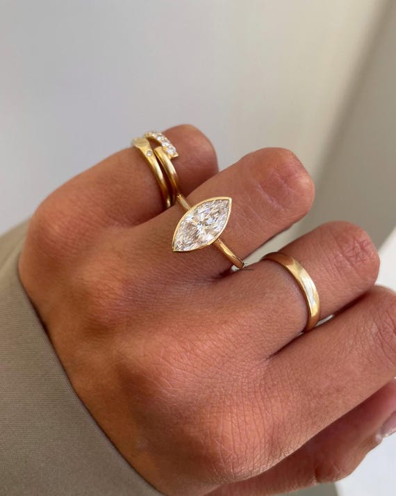 4.00 Carat Marquise Lab Created Diamond Full Bezel Set Ring / Engagement Ring / 14k Gold Solitaire Wedding Ring