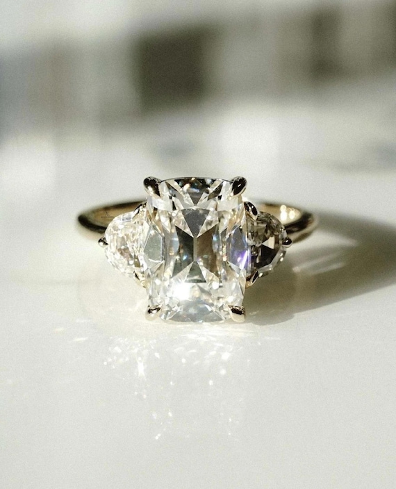 Old Mine 3.00 Ct Cushion Cut Lab-Grown Diamonds Engagement Ring, Old Mine Cushion Cut Ring, Elongated Cushion, Three Stone Ring for Her