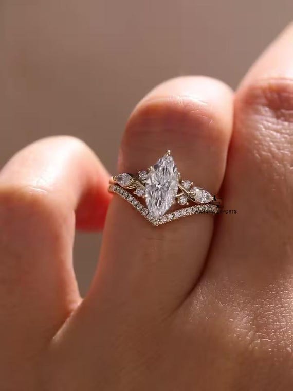 2 CT Marquise Lab-Grown Diamond engagement ring set Unique Rose gold ring Diamond ring leaf band Bridal Set Promise Ring Anniversary Ring