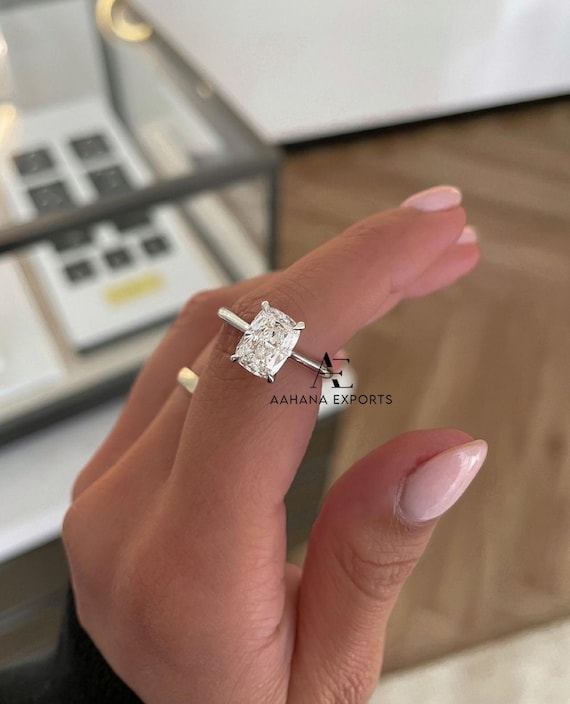 Elegant 2 Carat Lab Grown Elongated Cushion / Solitaire Hidden Halo Diamond Engagement Ring / 14k White Gold / Thin Engagement Ring for her.