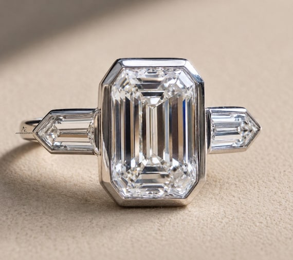 3 CT Emerald Cut Lab Grown Diamond Ring in 14K Gold Full Bezel Setting Unique Diamond Engagement Ring Side Bullet Diamonds Three Stone Ring