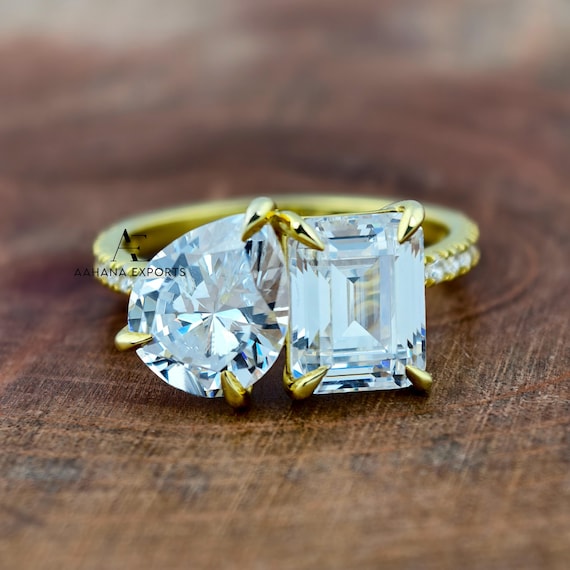 4 Carat Total Emerald & Pear Pair Diamond Ring | Toi Et Moi | Lab Grown | Anniversary Ring | Engagement Ring  | Wedding ring for her