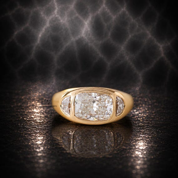 3.00CT Cushion Ring Three Stone Lab-Grown Diamond Engagement Ring Full Bezel Set Ring 14k Gold East West Diamond Ring Side Half-Moon Diamond