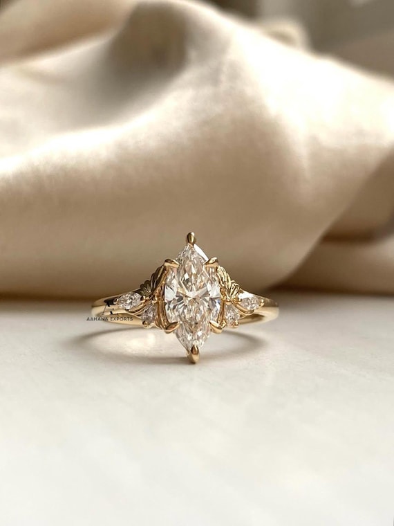 Vintage Marquise Lab-Grown Diamond Fairy Engagement Ring Flower Wedding Ring Handmade Natural Inspired Jewelry Promise Rings For Women