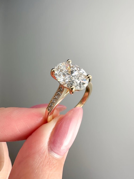 3 Carat Oval Cut E VVS2 Engagement Ring / Oval Lab Grown Diamond Ring / 14K or 18K Yellow Gold Ring / Thin Ring / Minimal Ring / Dainty Ring