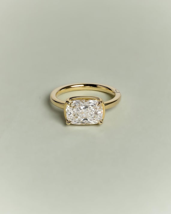 4 Carat East to West IGI Certified Elongated Cushion Cut Lab Grown Diamond Solitaire Cathedral Set Engagement Ring 14k Gold Bezel Set Ring