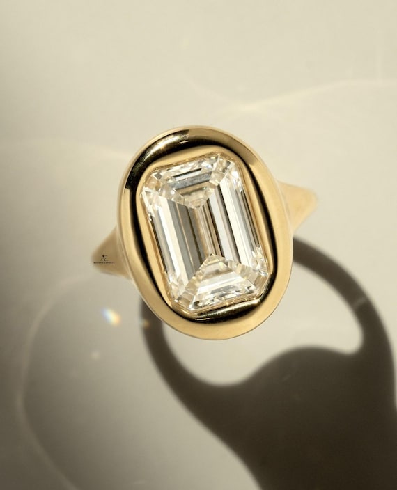 3 Carat Emerald Cut lab Diamond Engagement Ring, Bezel Set Chunky Solitaire 14K Yellow Gold Wedding Anniversary Proposal Ring For Women