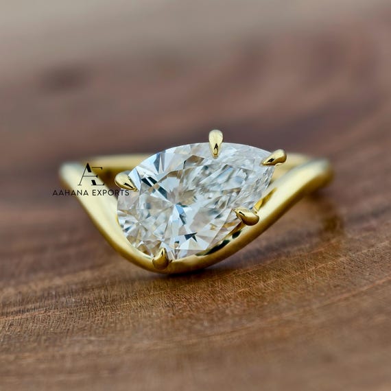 2 Carat Pear Cut Diamond East West Engagement Ring / Pear Lab Grown Diamond Ring / Wave Band Solitaire Ring / Solitaire Ring / 2 CT Diamond