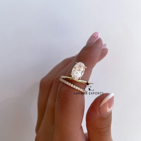 3 CT Oval Lab Grown Diamond Double Band Unique Engagement Ring 14KT Solid Gold Solitaire Wedding Ring Double Shank Ring Anniversary Ring