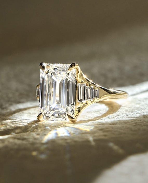 5 CT Emerald Cut Lab Grown Diamond Engagement Ring / Lab Diamond Wedding Ring / Yellow Gold Anniversary Ring / Valentine Proposal Gift