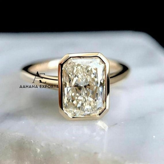 3 CT Bezel Radiant Cut Moissanite Engagement Ring, Yellow Gold Radiant Solitaire Promise Ring, Wedding Ring, Anniversary Ring For Her.