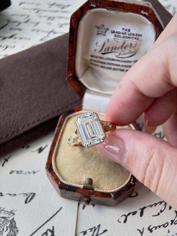 Engraved 4 ct Emerald Cut Lab grown diamond Engagement Ring Yellow Gold Victorian Wedding Ring Hidden Halo Promise Ring Vintage Antique Ring