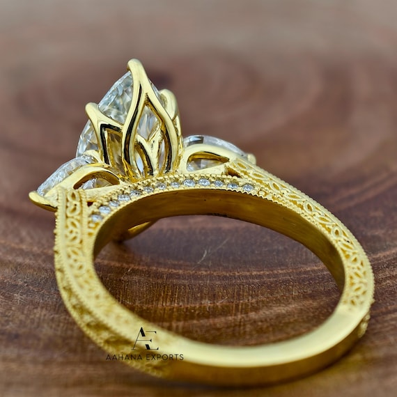 3 Carat Marquise Lab Grown Diamond Ring | Vintage Engraved Engagement Ring | Art Deco Wedding Band | Heirloom Quality Solitaire Wedding Ring