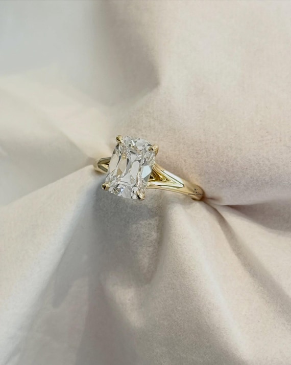 3.00 Carat Old Mine Cushion Lab Grown Diamond Ring / Delicate Split Shank Engagement Ring / Elongated Diamond Art Deco Design/IGI Certified