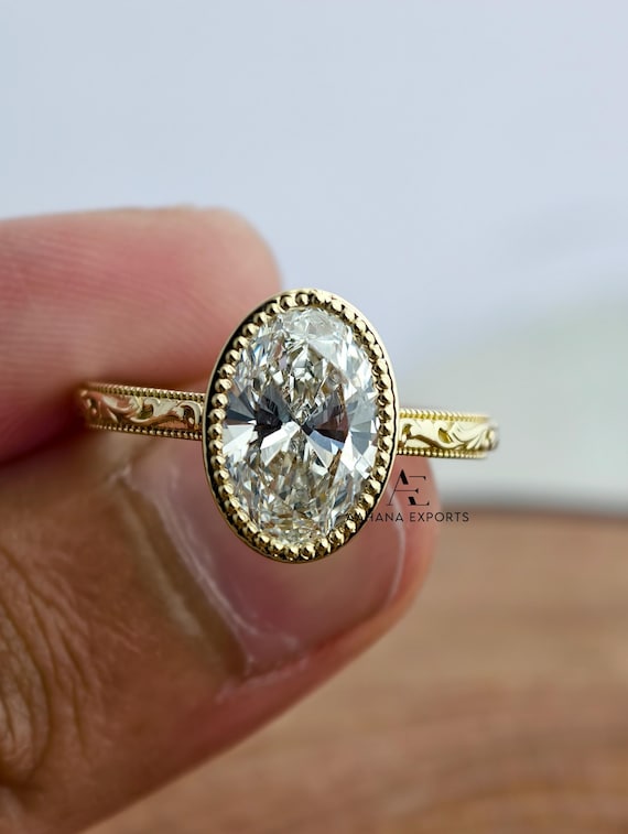 3 Carat Oval Lab Grown Diamond Engagement Ring, Milgrain Ring, Solitaire Ring, Oval Lab Grown Ring, Oval cvd Diamond Ring, Wedding Ring.