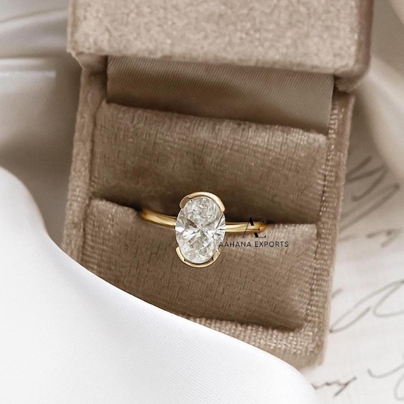 3 CT Oval Cut Lab Created Diamond Half Bezel Solitaire Ring, Solid Yellow Gold Engagement Diamond Ring, Certified Jewelry Women Ring For her