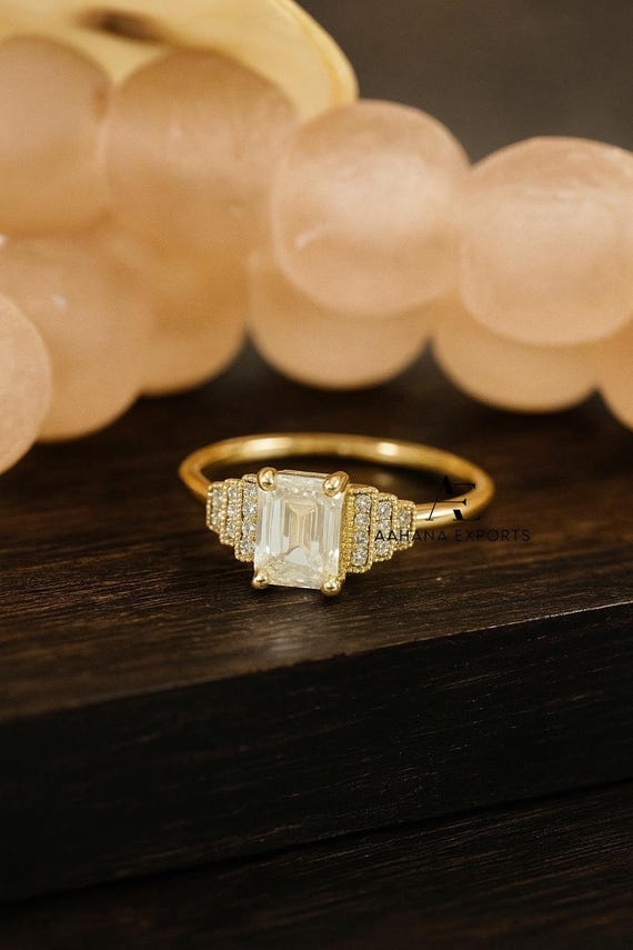 2 CT Emerald Cut With Round Lab-Grown Diamonds Engagement Ring 14K Solid Gold Wedding Ring Promise Gift Ring for Her