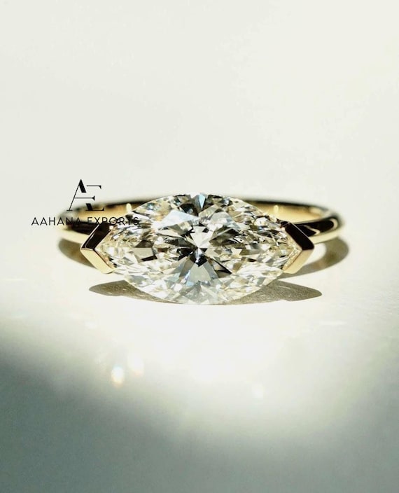Marquise Cut East To West Set Lab Grown Diamond Solitaire Ring, 2.00 CT Lab Grown Diamond Engagement Ring, Wedding Ring, Half Bezel Setting.