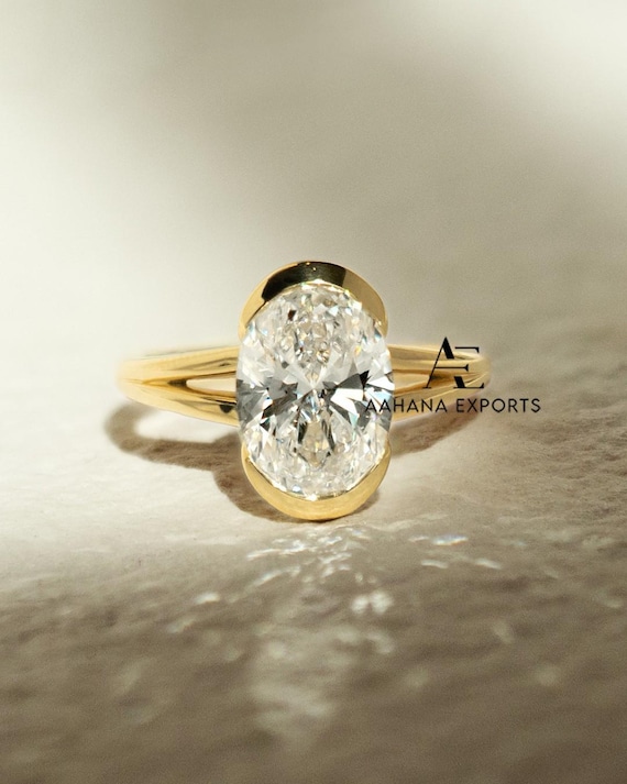 Half Bezel Set 3 CT Oval Cut Split Shank Lab-Grown Engagement Ring 14KT Solid Yellow Gold Solitaire Wedding Ring Perfect Gift Ring For Her