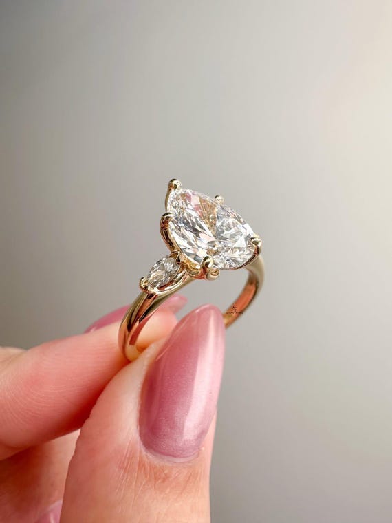 IGI Certified 3 Carat Pear Cut Lab Grown Diamond Engagement Ring, Teardrop Cut Trinity Diamond Wedding Ring Tulip Set Cathedral 3 Stone Ring