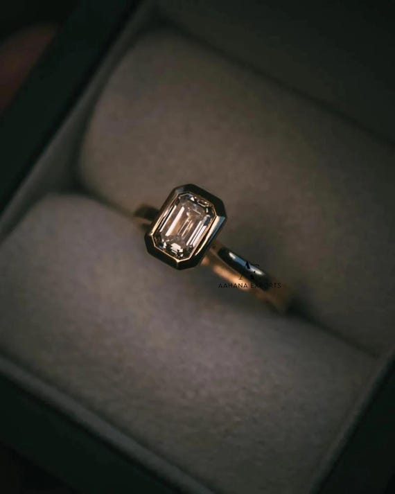 2 CT Emerald Cut Bezel Set Ring, Emerald Cut Lab-Grown Engagement Ring, 14K Yellow Gold Ring, Emerald Cut Bridal Ring, Proposal Ring for her