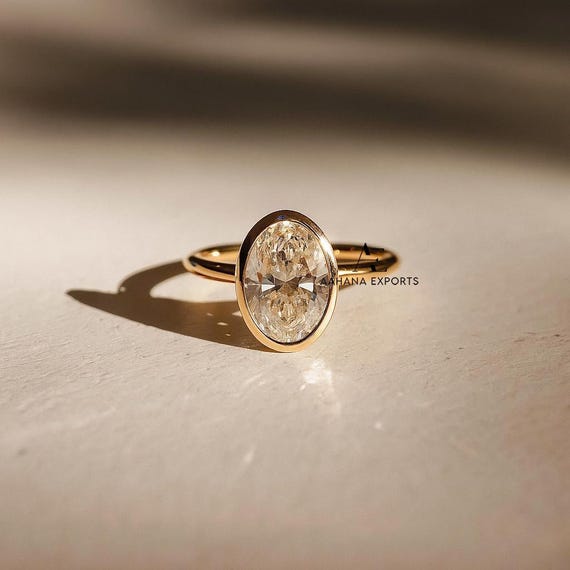 2 CT Oval Cut Lab Grown Diamond Engagement Ring, Bezel Set Ring, Oval Ring, Promise Ring, Solid Yellow Gold Ring, Anniversary Gift For Her.