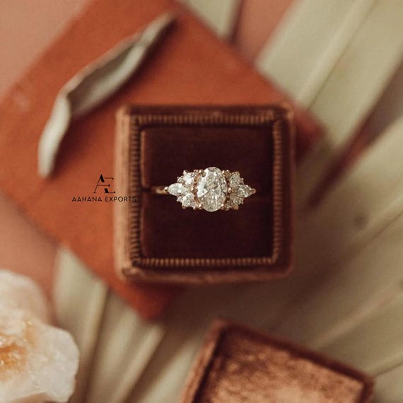Lab Grown Diamond Engagement Ring 2 Ct Oval Cut Diamond Cluster with Marquise & Round Side Stones Wedding Ring Anniversary Ring Gift for her