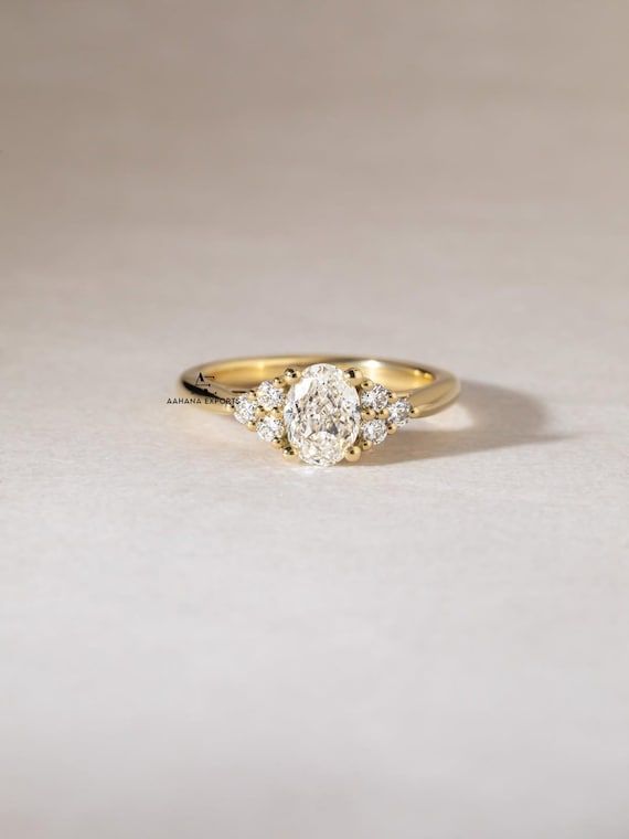 1.00 carat E Color VVS2 Clarity Oval Cut Lab Grown Diamond Engagement Ring, Side Round Cut Diamonds 14k Yellow Gold, Cluster Diamond Ring