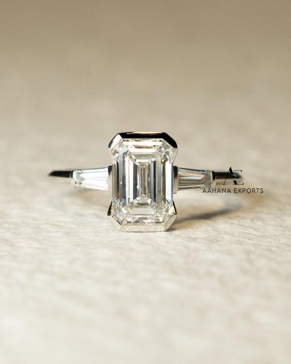 3.00 CT Emerald Cut Lab Grown Diamond Ring, Three Stone Engagement Ring, Tapered Baguette Side Diamonds Ring, Anniversary Ring Wedding Ring.