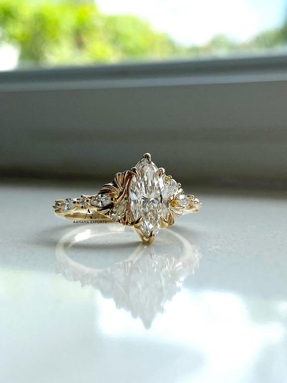 Unique Flat Wings Marquise Cut 2 CT Lab-Grown Diamond Engagement Ring, Anniversary Promise Ring Set, Antique Engraved Band Bridal Ring.