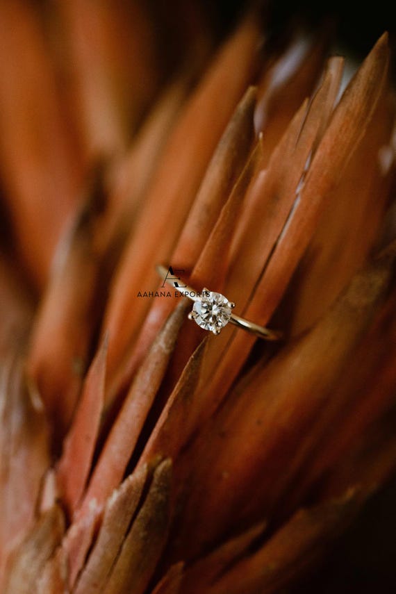 1 Carat Round Lab Grown Diamond Ring Minimalist Solitaire 4 Prongs Thin Ring Round Diamond Solitaire Engagement Ring 14k Yellow Gold for her