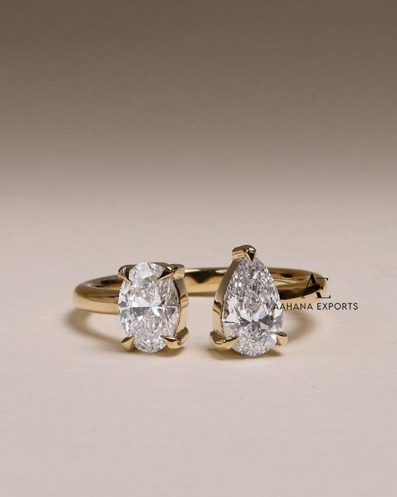 2.05 TCW Oval & Pear Cut Lab Grown Two Stone Ring Art Deco Toi Et Moi Engagement Ring Unique Open Cuff Wedding Ring Anniversary Gifts/Ring