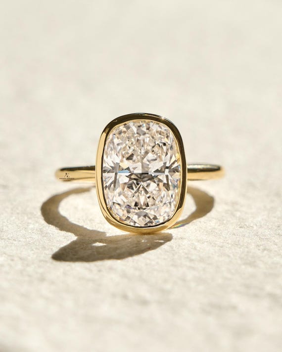 2 Carat Cushion Lab Diamond Ring | Bezel Set Solitaire Engagement Ring | 14K Ethical Yellow Gold Minimalist Ring | Modern Proposal Gift Ring
