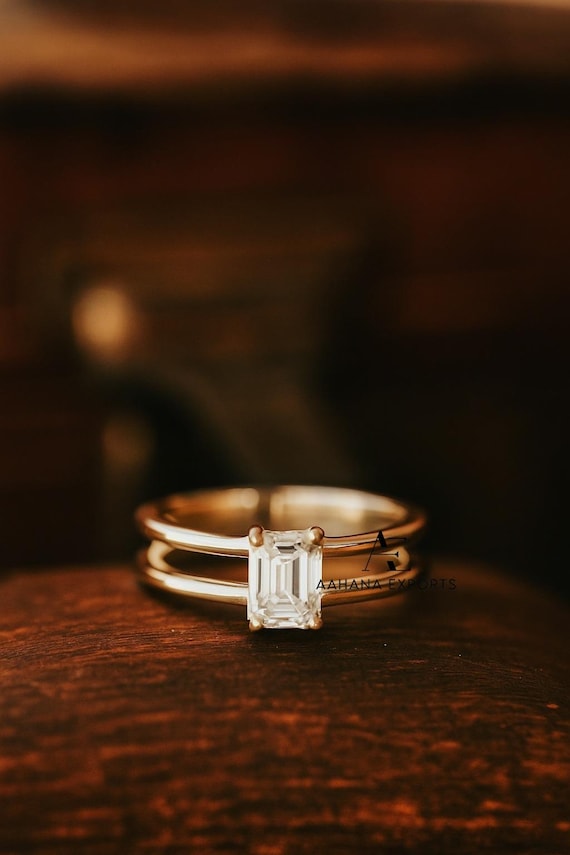 Emerald Cut Lab-Grown Solitaire Ring, Single Stone Wedding Ring, Vintage Style Anniversary Gift/ Ring, Unique Design Double Band Women Ring
