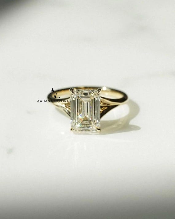 Lab Grown Emerald Cut Engagement Ring, 3 CT Emerald Diamond Wedding Ring, Split Shank Ring, Certified Diamond Ring Anniversary Ring For Her.