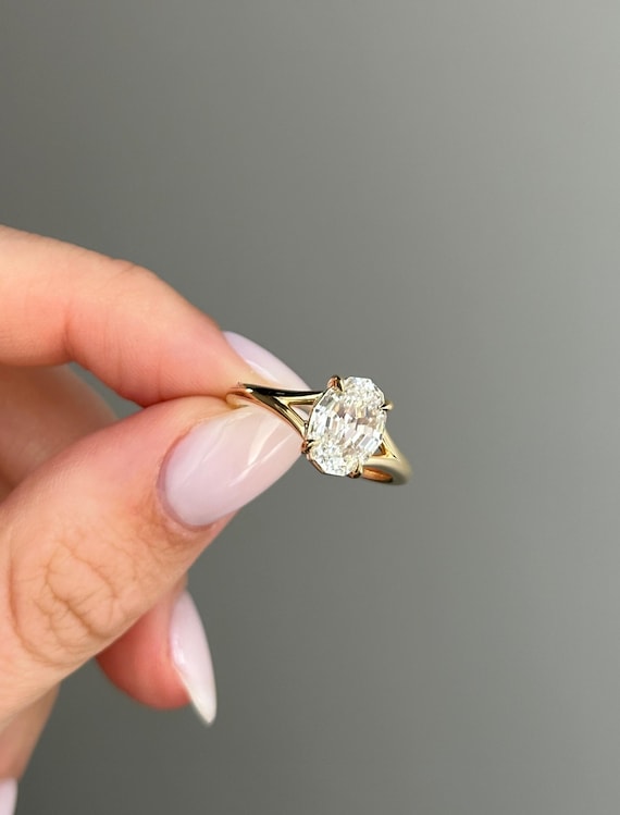 1.00 CT Step Cut Oval Lab Grown Diamond• Modern Split Shank Engagement Ring • Unique Bridal Wedding Ring • Rare Anniversary Gift for Her.
