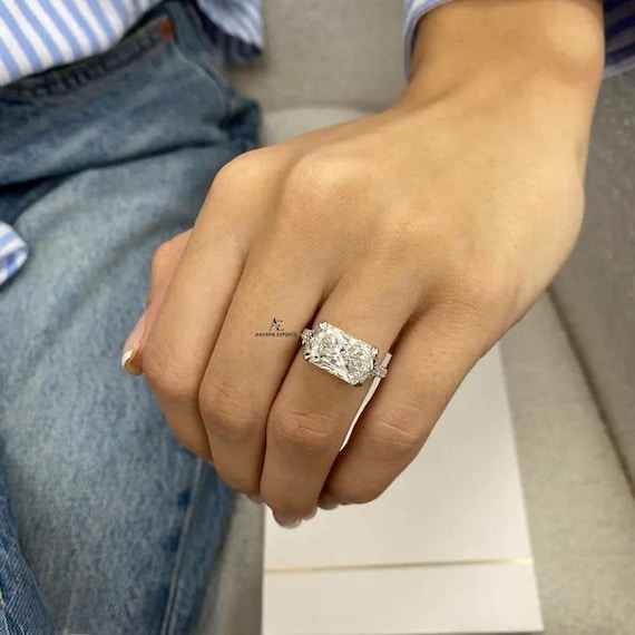 East West Lab Grown Diamond Ring , 4 CT Radiant Cut Lab Diamond Engagement Ring , Radiant Cut , Lab Created Diamond Ring IGI Certified